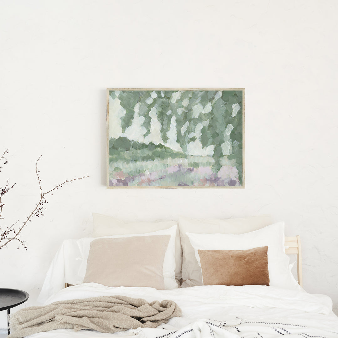 Fields of Spring - French Country Landscape Painting Art by Jetty Home - Framed View Over Neutral Bed