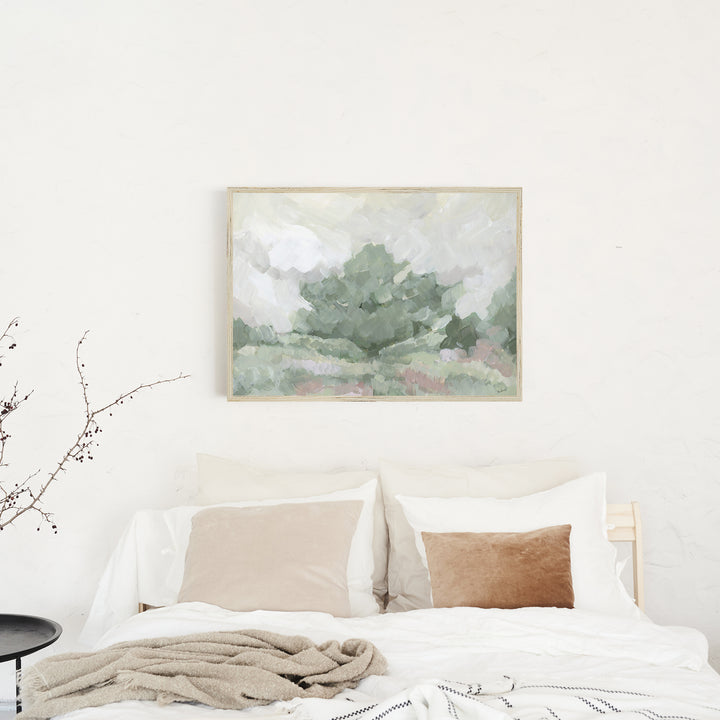 The Lonely Oak - Farmhouse Rustic Landscape Artwork by Jetty Home - Framed View Over Neutral Bedroom