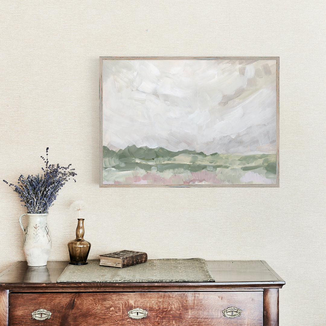 Country Skyline - Farmhouse Landscape Painting by Jetty Home - Framed in French Country Entryway