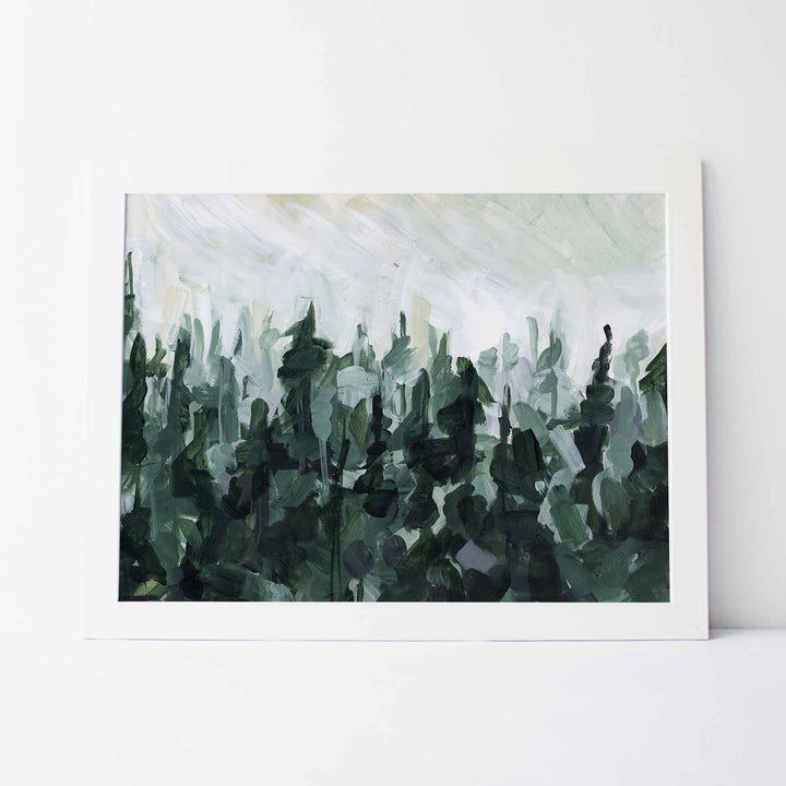 Green and White Modern Pine Tree Line Painting Winter Wall Art Print or Canvas - Jetty Home