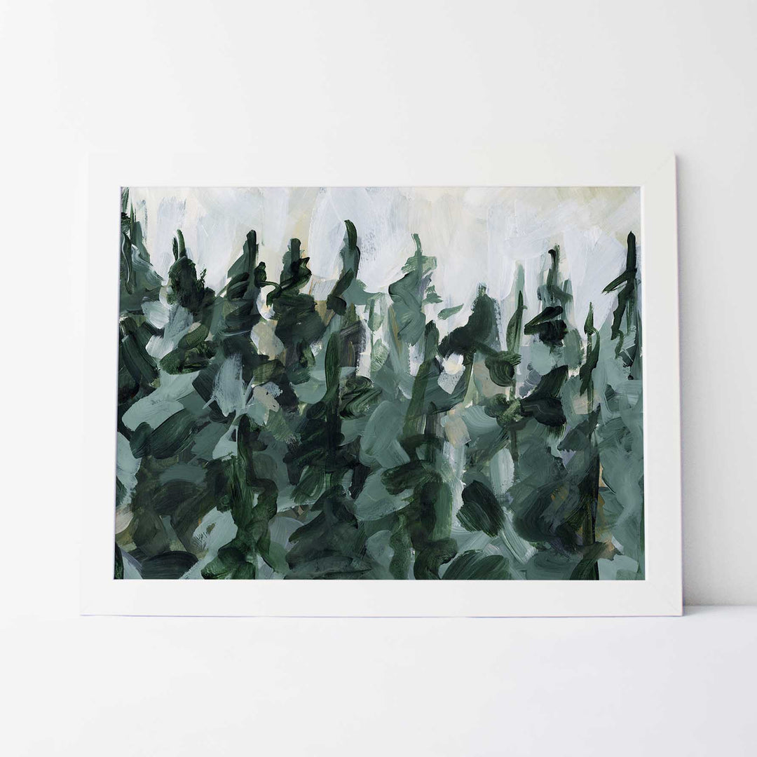 Forest Pine Tree Line Painting Green and White Winter Wall Art Print or Canvas - Jetty Home