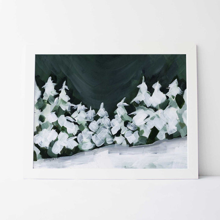 Night Sky Snowscape Winter Evergreens Pine Tree Painting Wall Art Print or Canvas - Jetty Home