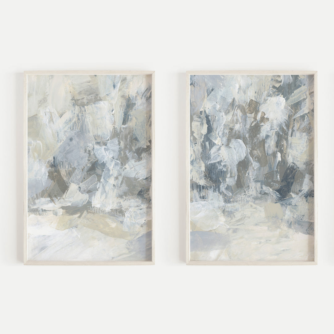 Abstract Winter Forest Snowfall Painting Diptych Set of 2 Wall Art Print or Canvas - Jetty Home