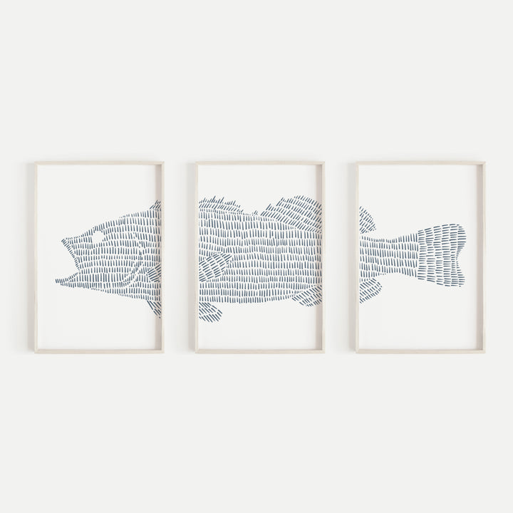 Large Mouth Bass Lake Fish Triptych Set of Three Wall Art Prints or Canvas - Jetty Home