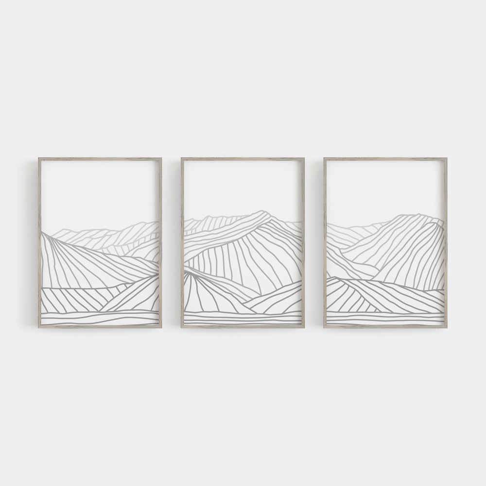 Minimalist Gray Mountain Illustration Triptych Set of Three Wall Art Prints or Canvas - Jetty Home