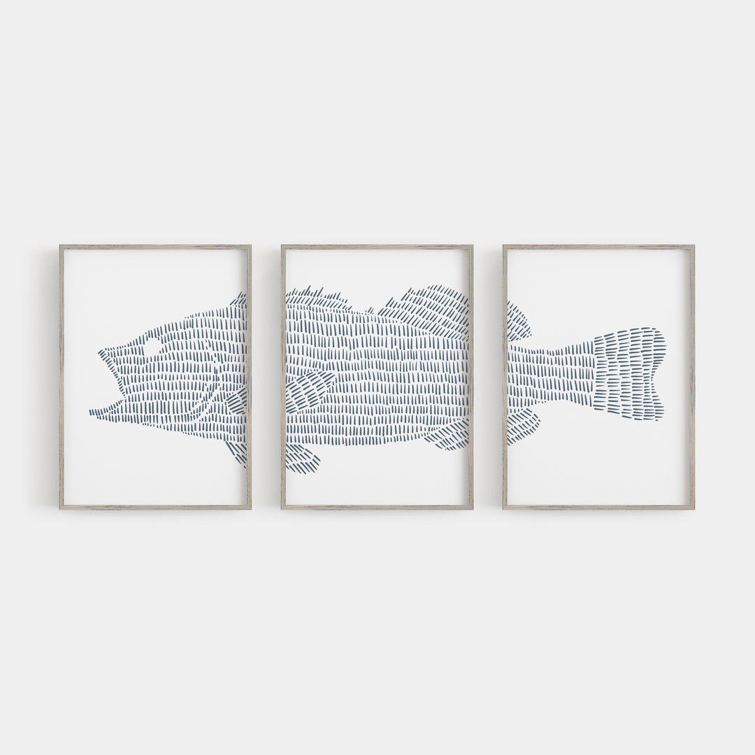 Large Mouth Bass Lake Fish Triptych Set of Three Wall Art Prints or Canvas - Jetty Home