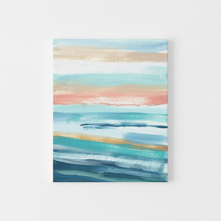 Modern Seascape Blue, Turquoise and Salmon Pink Painting Wall Art Print or Canvas - Jetty Home