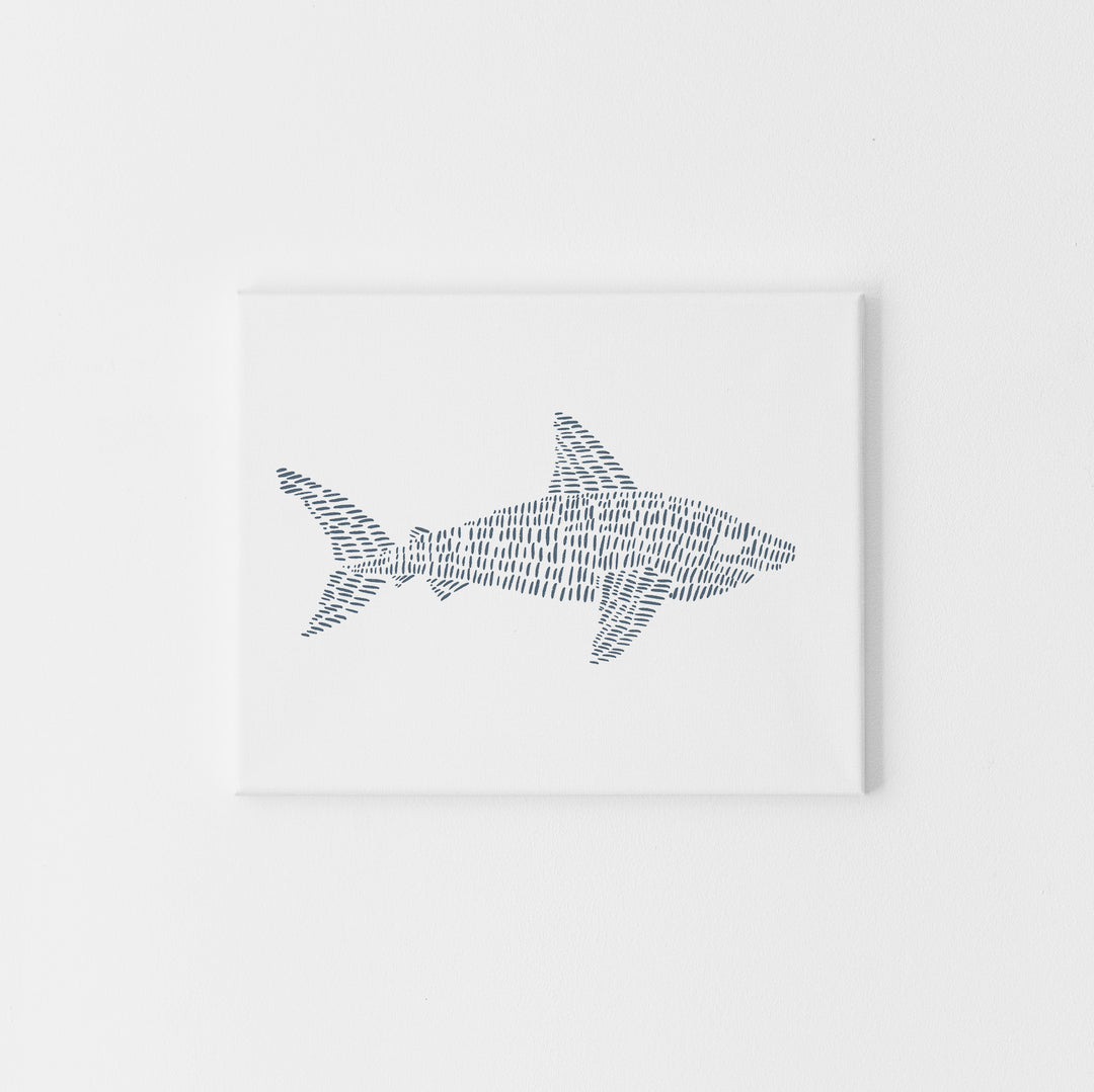 Great White Shark Modern Blue and White Beach House Illustration Wall Art Print or Canvas - Jetty Home