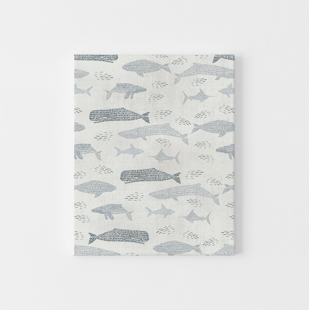 Gray and Ivory Whale Pattern Modern Coastal Wall Art Print or Canvas - Jetty Home