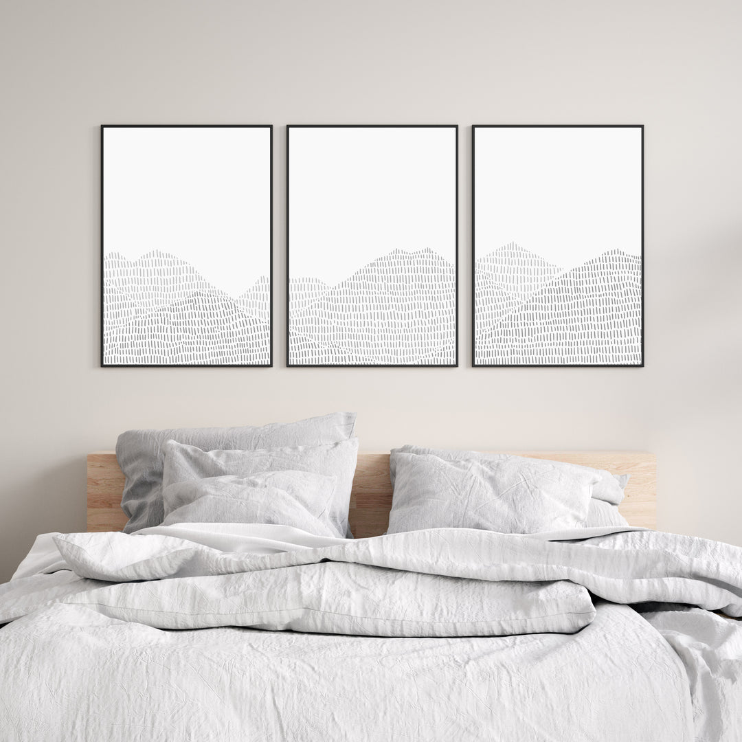 Modern Gray Mountain Landscape Lodge Decor Triptych Set of Three Wall Art Prints or Canvas - Jetty Home
