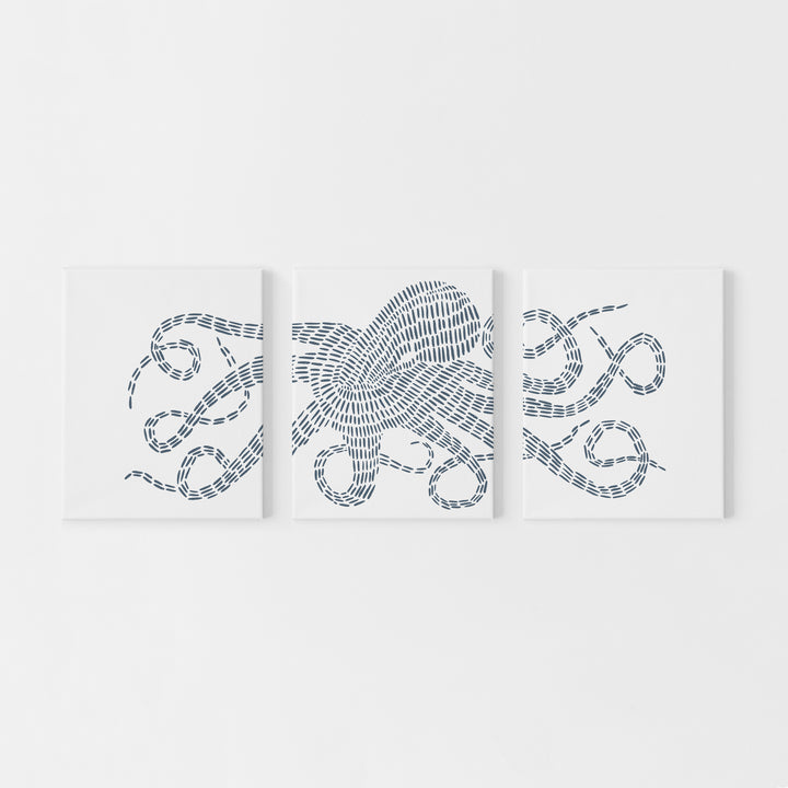 Octopus Kraken Modern Nautical Triptych Set of Three Wall Art Prints or Canvas - Jetty Home