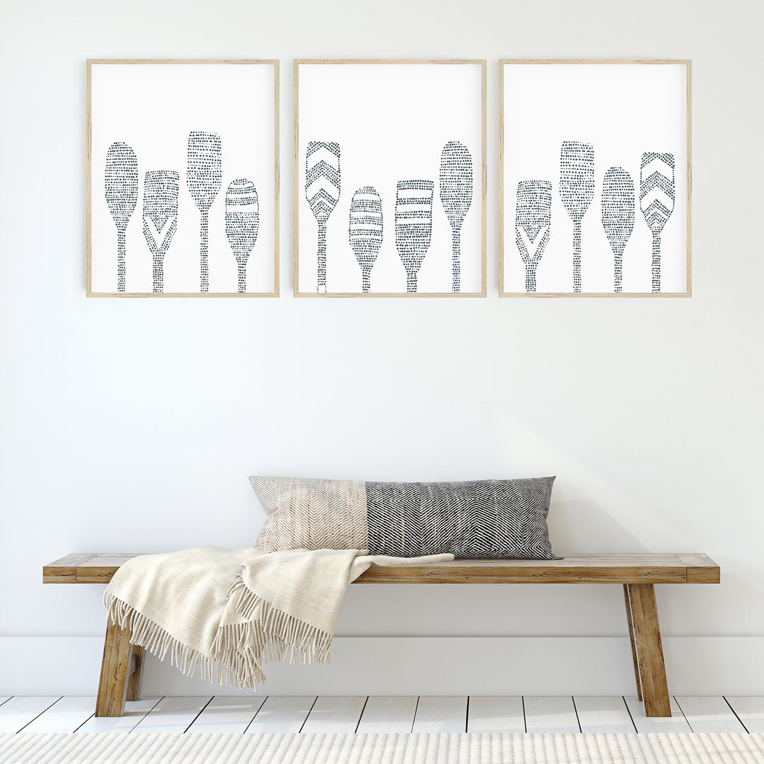 Modern Lake House Oar Paddle Triptych Set of Three Wall Art Prints or Canvas - Jetty Home