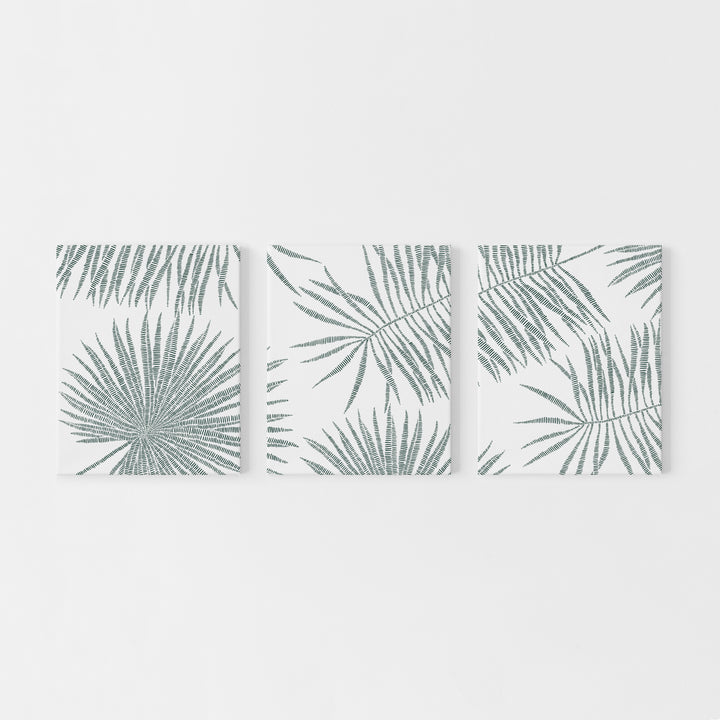 Palm Frond Green and White Minimalist Triptych Set of Three Wall Art Prints or Canvas - Jetty Home