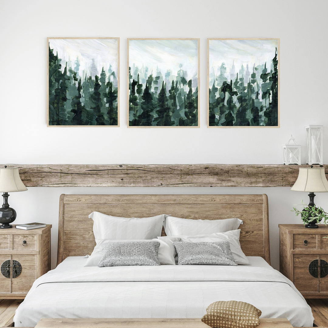 Pine Tree Forest Green and White Painting Triptych Set of Three Wall Art Prints or Canvas - Jetty Home