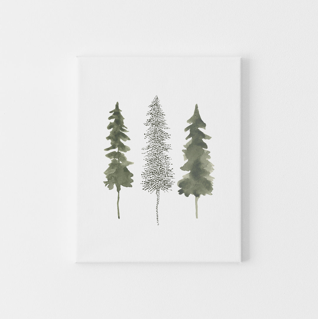 Pine Tree Trio Watercolor Winter Forest Wall Art Print or Canvas - Jetty Home