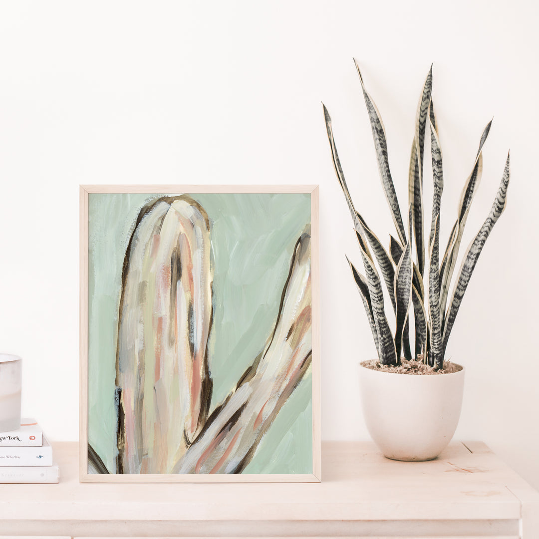 Sage Green and Beige Cactus Painting Wall Art Print or Canvas - Jetty Home
