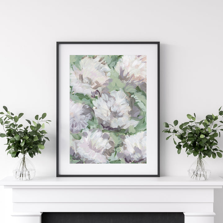 Rays of Blossoms - Floral Abstract Pastel Print or Canvas from Jetty Home - Framed View Over a Mantle