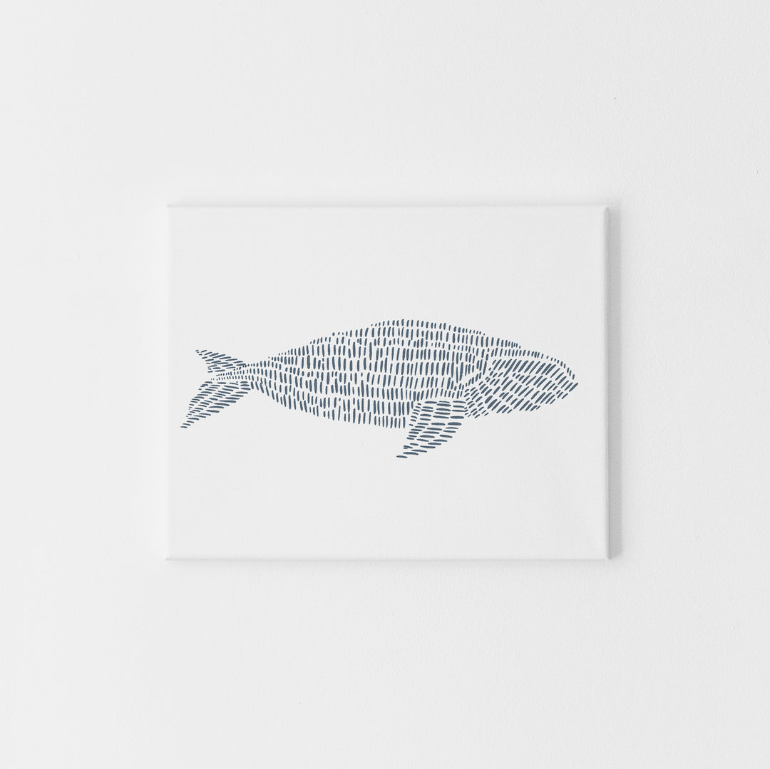 Minimalist Right Whale Illustration Blue and White Modern Beach Wall Art Print or Canvas - Jetty Home