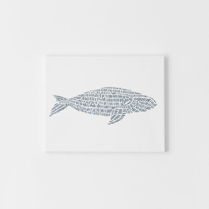 Minimalist Right Whale Illustration Blue and White Modern Beach Wall Art Print or Canvas - Jetty Home