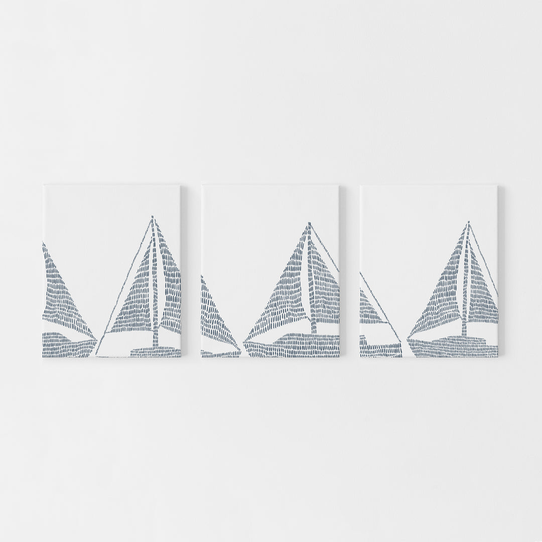 Sailboat Modern Nautical Blue Triptych Set of Three Wall Art Prints or Canvas - Jetty Home