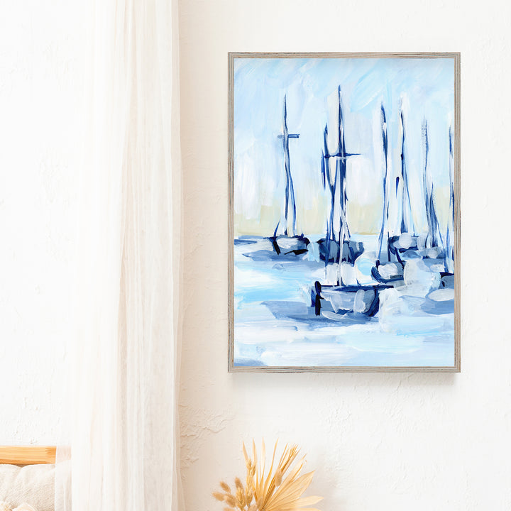 Moored Sailing Boats Painting Modern Nautical Wall Art Print or Canvas - Jetty Home