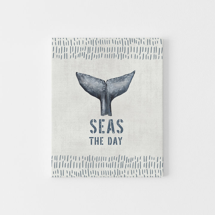 Seas the Day Whale Tail Modern Nautical Blue and Gray Wall Art Print or Canvas - Jetty Home
