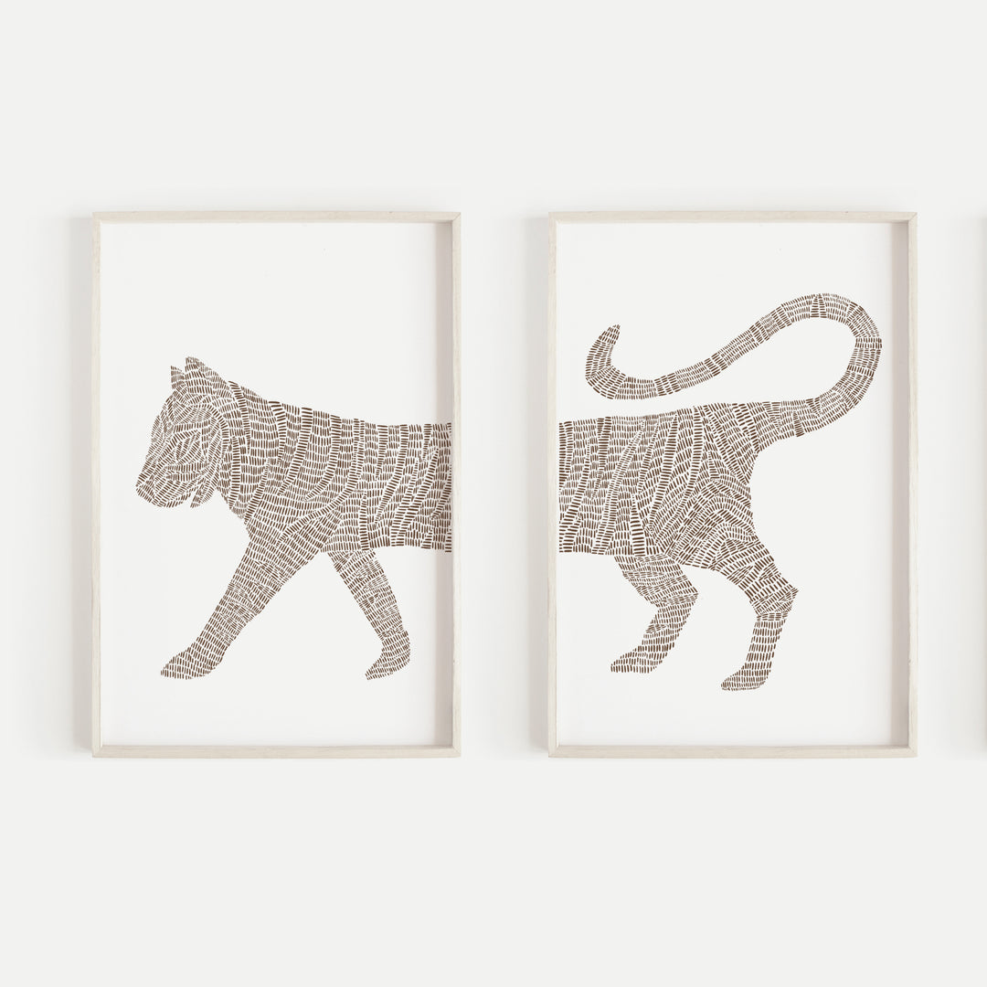 Modern Minimalist Tiger Illustration Tropical Set of 2 Wall Art Print or Canvas - Jetty Home