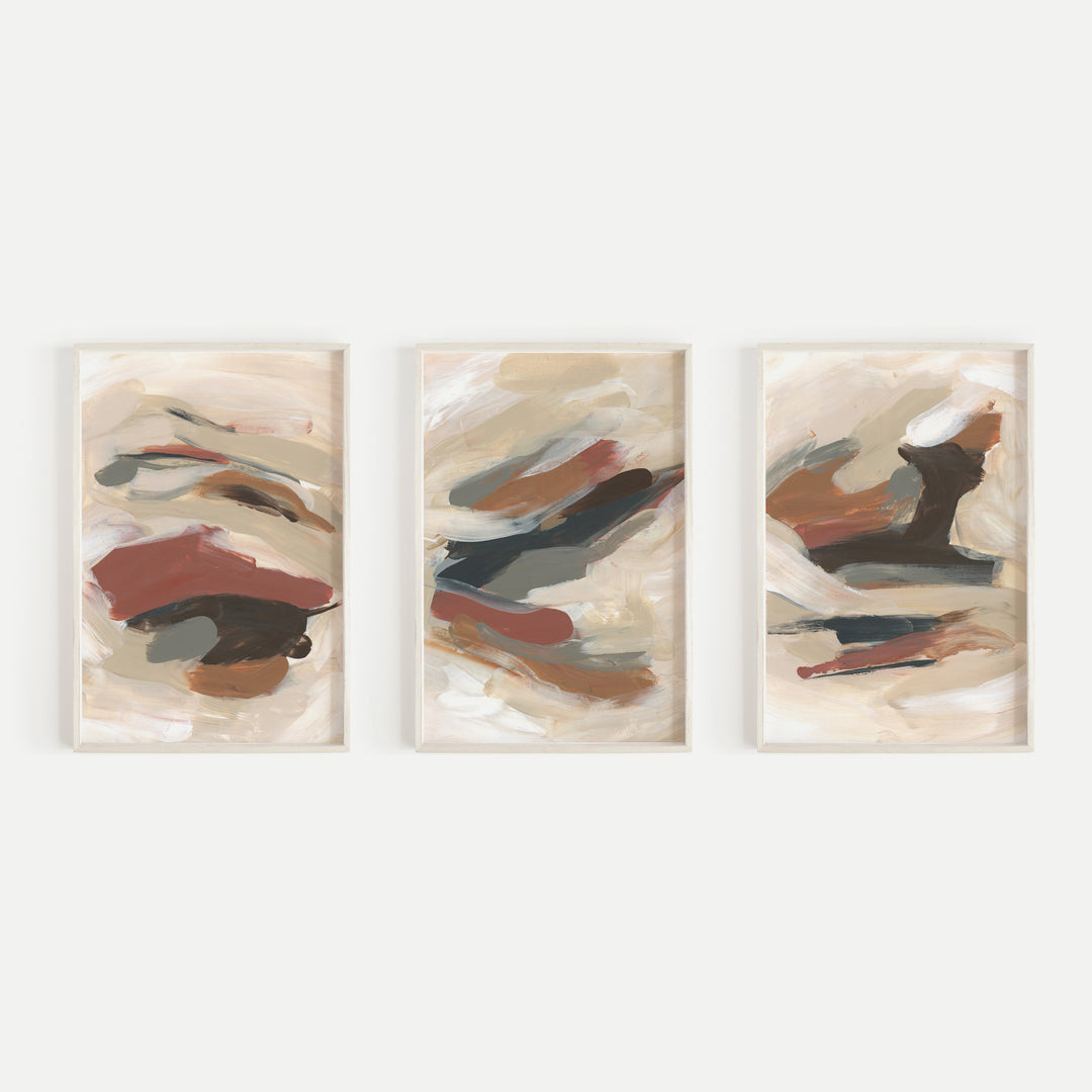 Abstract Warm Neutral Earth Tone Paintings Triptych Set of Three Wall Art Prints or Canvas - Jetty Home