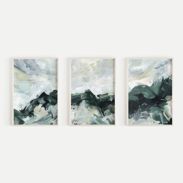 Abstract Green and White Modern Painting Triptych Set of Three Wall Art Prints or Canvas - Jetty Home