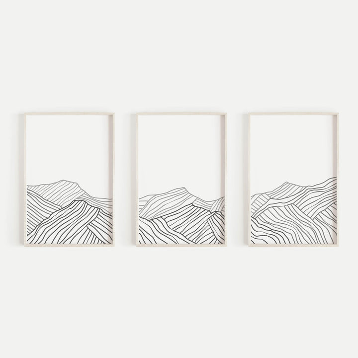 Mountain Landscape Drawing Modern Minimalist Triptych Set of Three Wall Art Prints or Canvas - Jetty Home