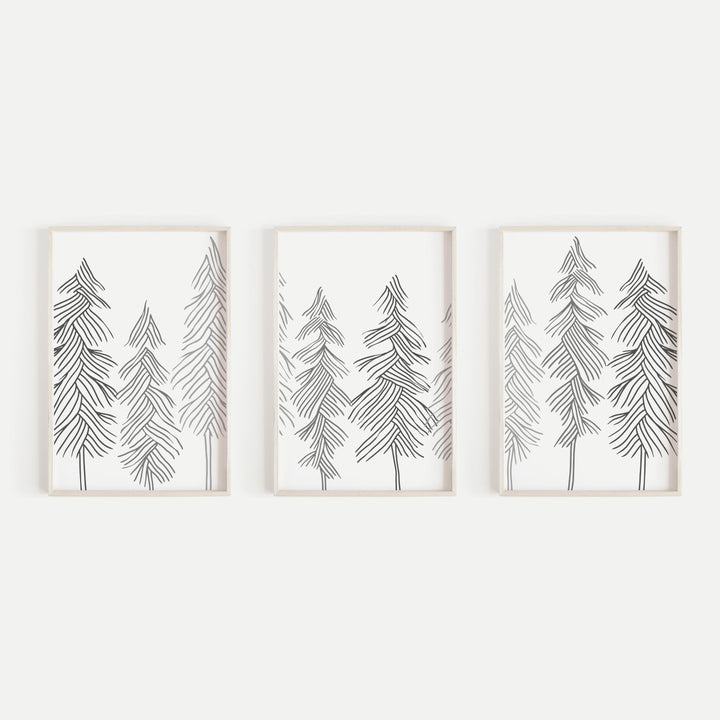 Forest Pine Tree Drawing Modern Minimalist Triptych Set of Three Wall Art Prints or Canvas - Jetty Home