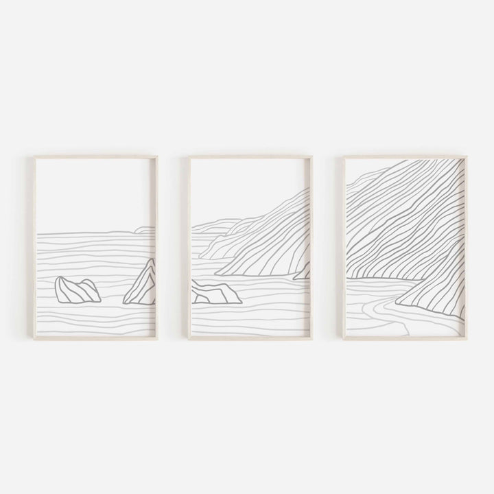 Gray Big Sur Coastline Modern Triptych Set of Three Wall Art Prints or Canvas - Jetty Home