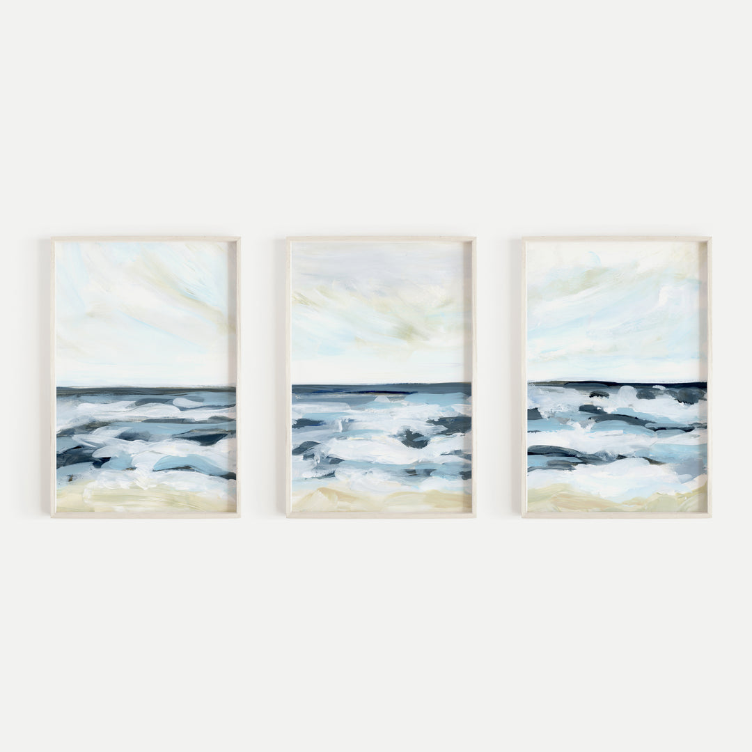 Blue Modern Seascape Painting Triptych Set of Three Wall Art Prints or Canvas - Jetty Home