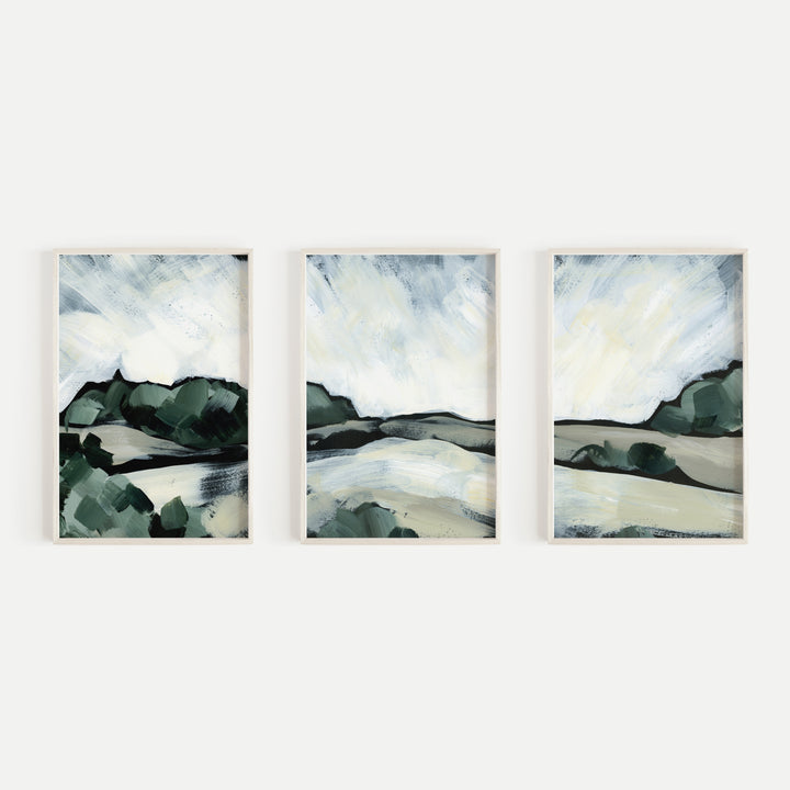 Moody Landscape Painting Triptych Set of Three Wall Art Prints or Canvas - Jetty Home