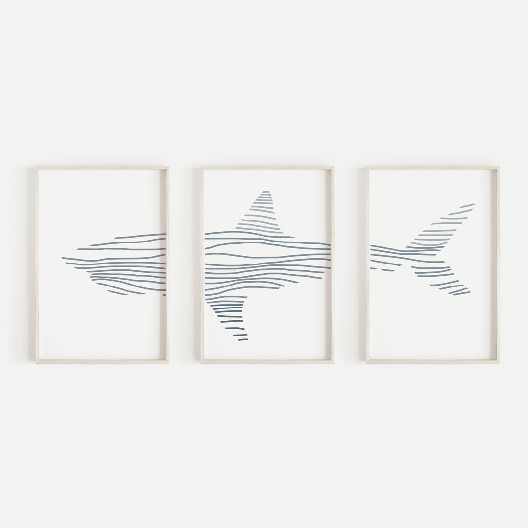 Modern Shark Illustration Nursery Triptych Set of Three Wall Art Prints or Canvas - Jetty Home