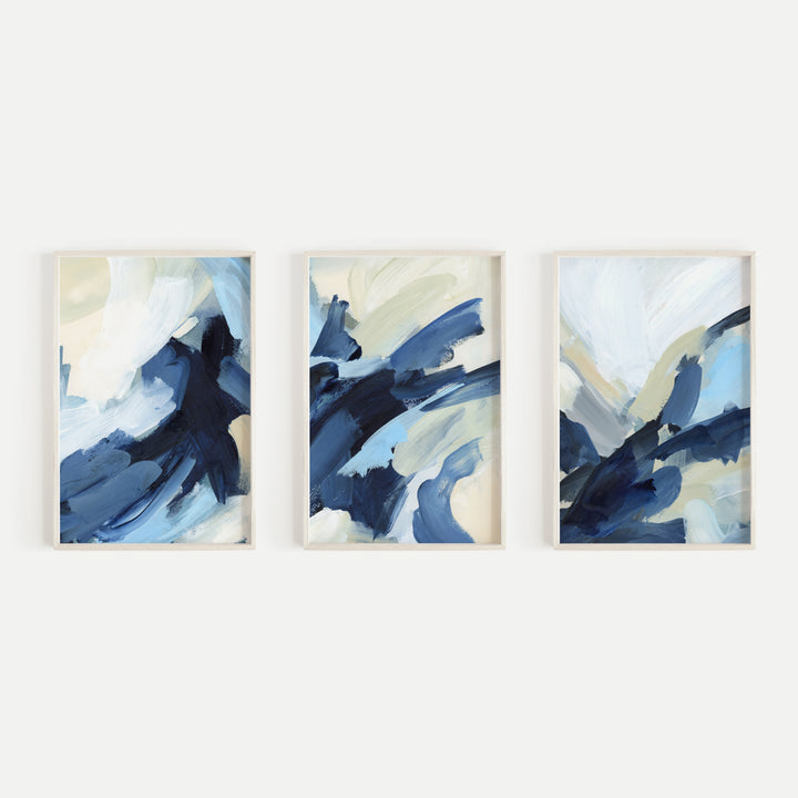Blue and White Modern Abstract Paintings Triptych Set of Three Wall Art Prints or Canvas - Jetty Home