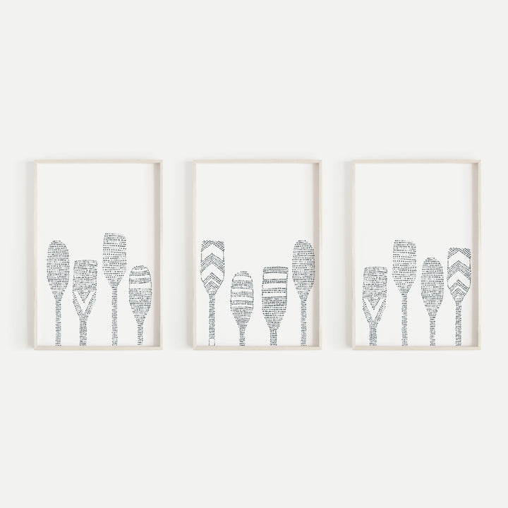 Modern Lake House Oar Paddle Triptych Set of Three Wall Art Prints or Canvas - Jetty Home