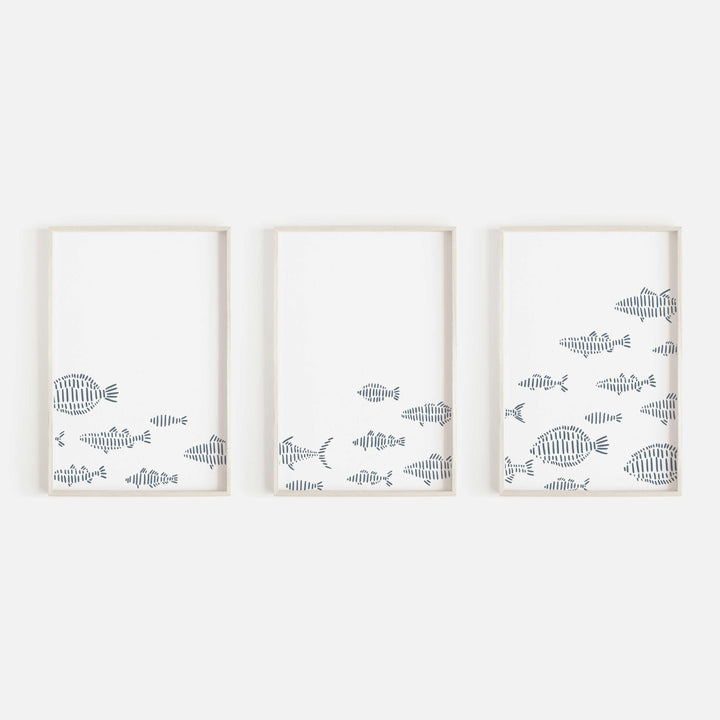 School of Fish Illustration Nautical Triptych Set of Three Wall Art Prints or Canvas - Jetty Home