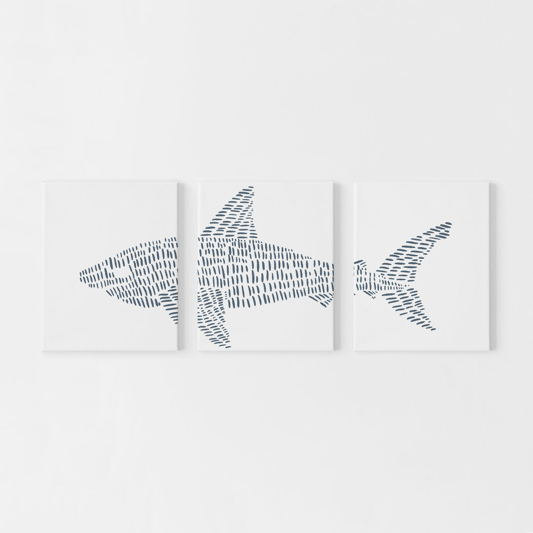 Great White Shark Illustrated Line Triptych Set of Three Wall Art Prints or Canvas - Jetty Home