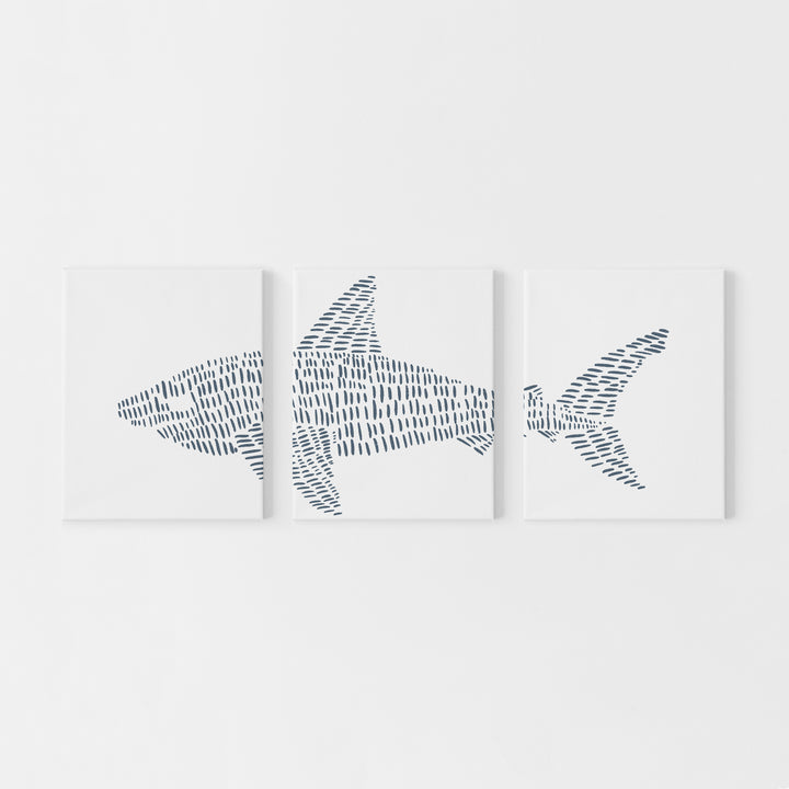 Great White Shark Illustrated Line Triptych Set of Three Wall Art Prints or Canvas - Jetty Home