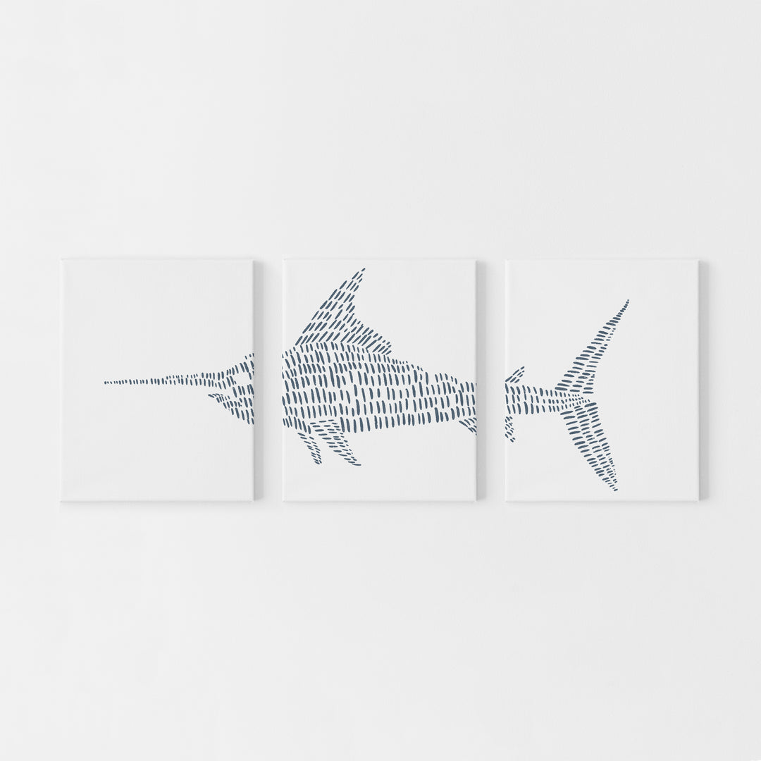 Swordfish Illustrated Line Triptych Set of Three Wall Art Prints or Canvas - Jetty Home