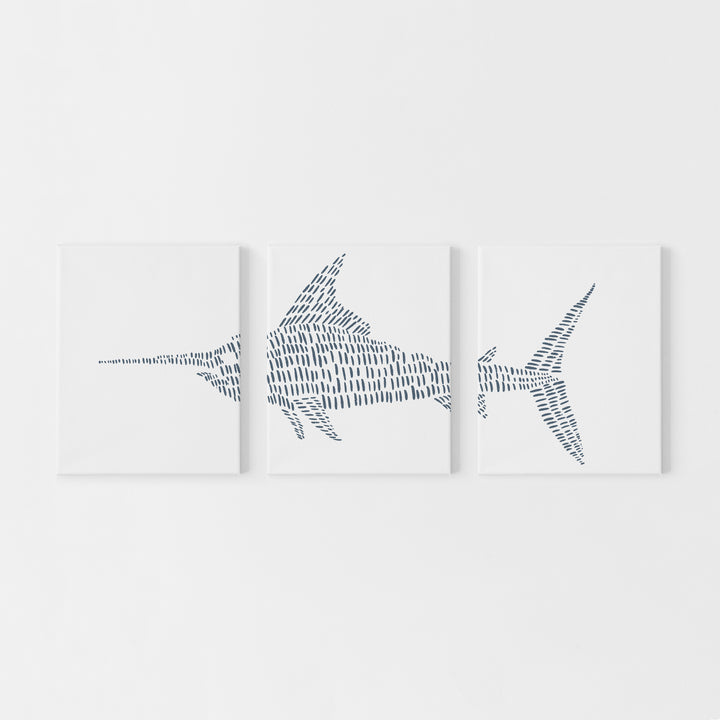 Swordfish Illustrated Line Triptych Set of Three Wall Art Prints or Canvas - Jetty Home