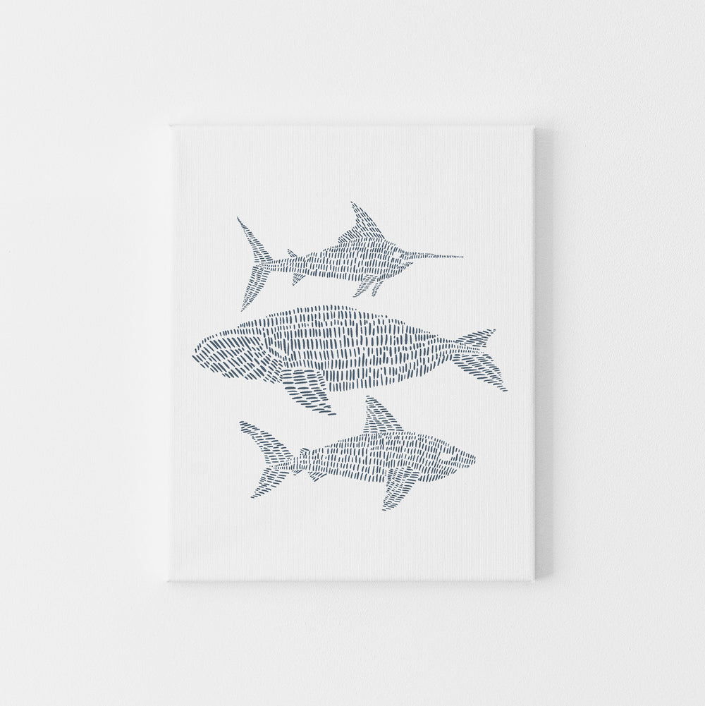 Modern Coastal Sea Creature Blue and White Illustrated Wall Art Print or Canvas - Jetty Home