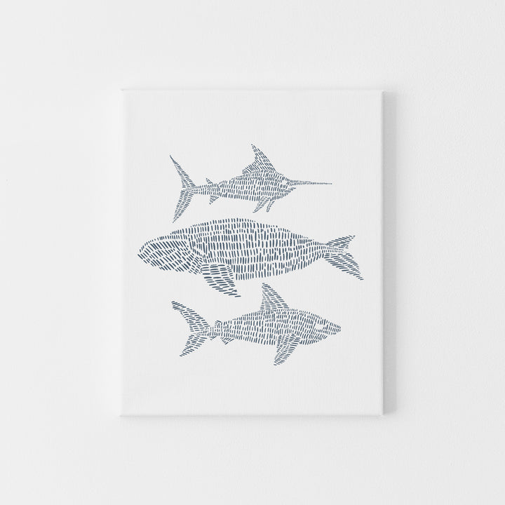 Modern Coastal Sea Creature Blue and White Illustrated Wall Art Print or Canvas - Jetty Home