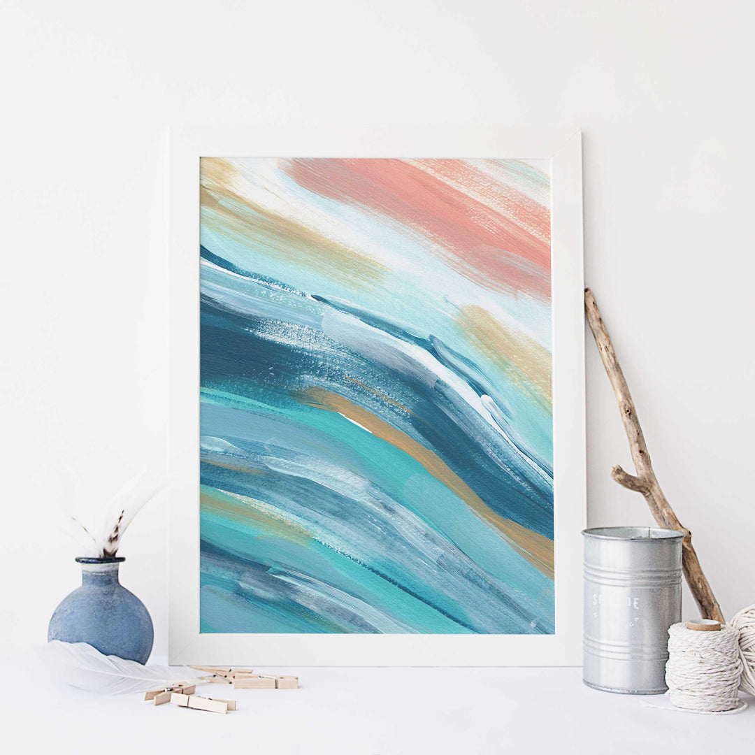 Modern Beach House Painting Blue, Turquoise and Salmon Wall Art Print or Canvas - Jetty Home