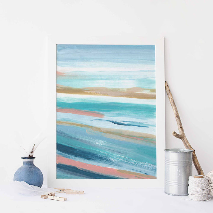 Abstract Seascape Beach Painting Turquoise Salmon Pink Wall Art Print or Canvas - Jetty Home