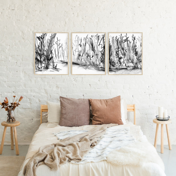 Woods Forest Black and White Sketch Triptych Set of Three Wall Art Prints or Canvas - Jetty Home