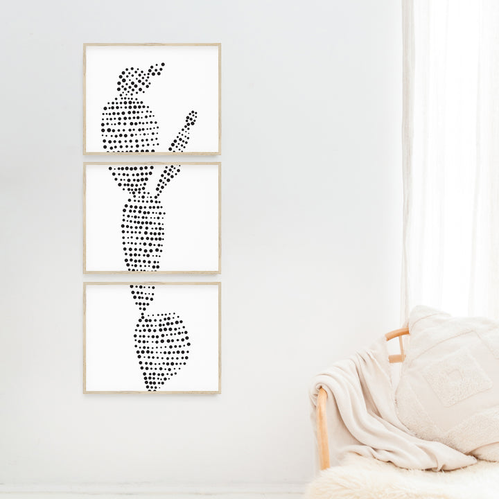 Prickly Pear Cacti Black and White Vertical Triptych Set of Three Wall Art Prints or Canvas - Jetty Home