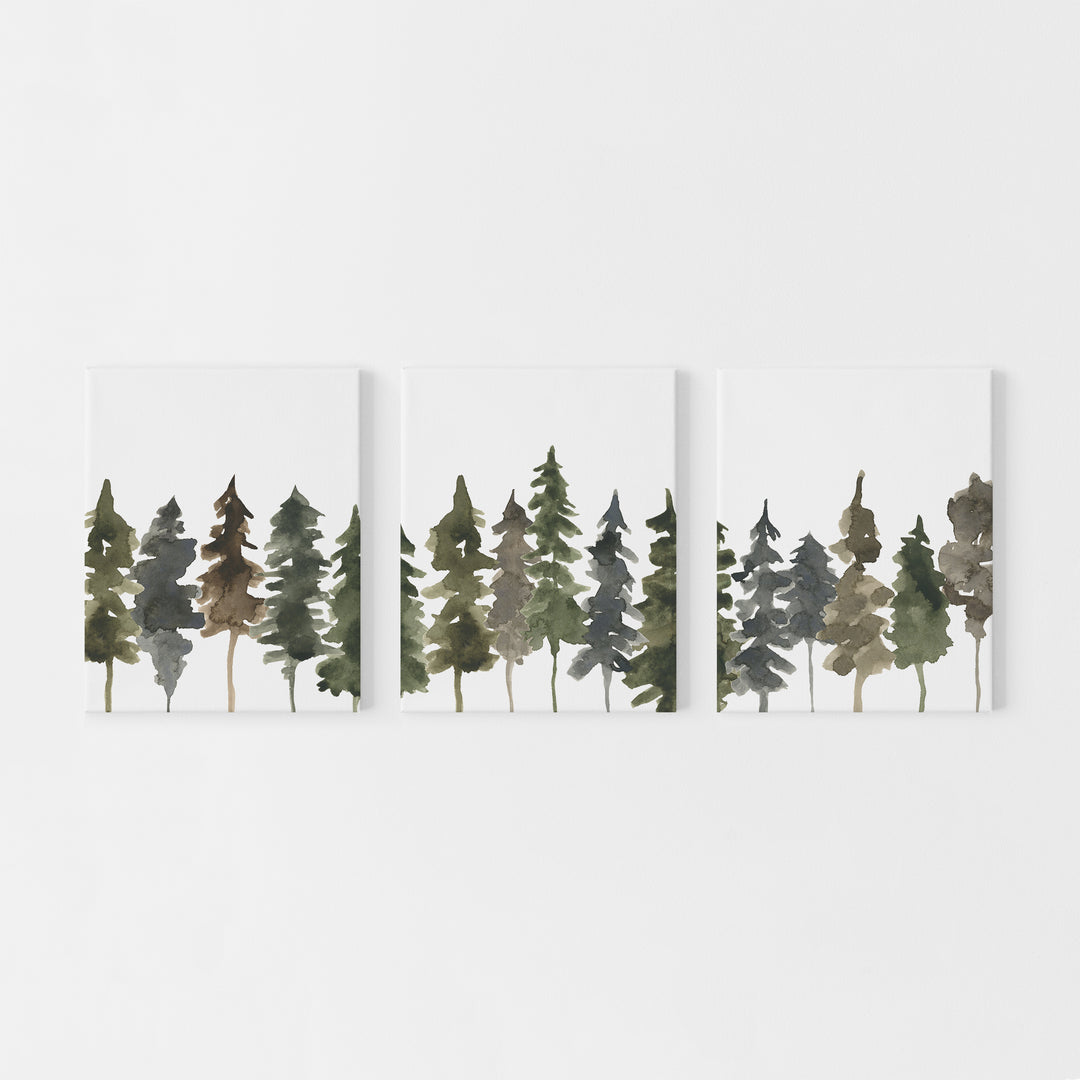 Pine Tree Line Watercolor Triptych Set of 3 Wall Art Prints or Canvases - Jetty Home