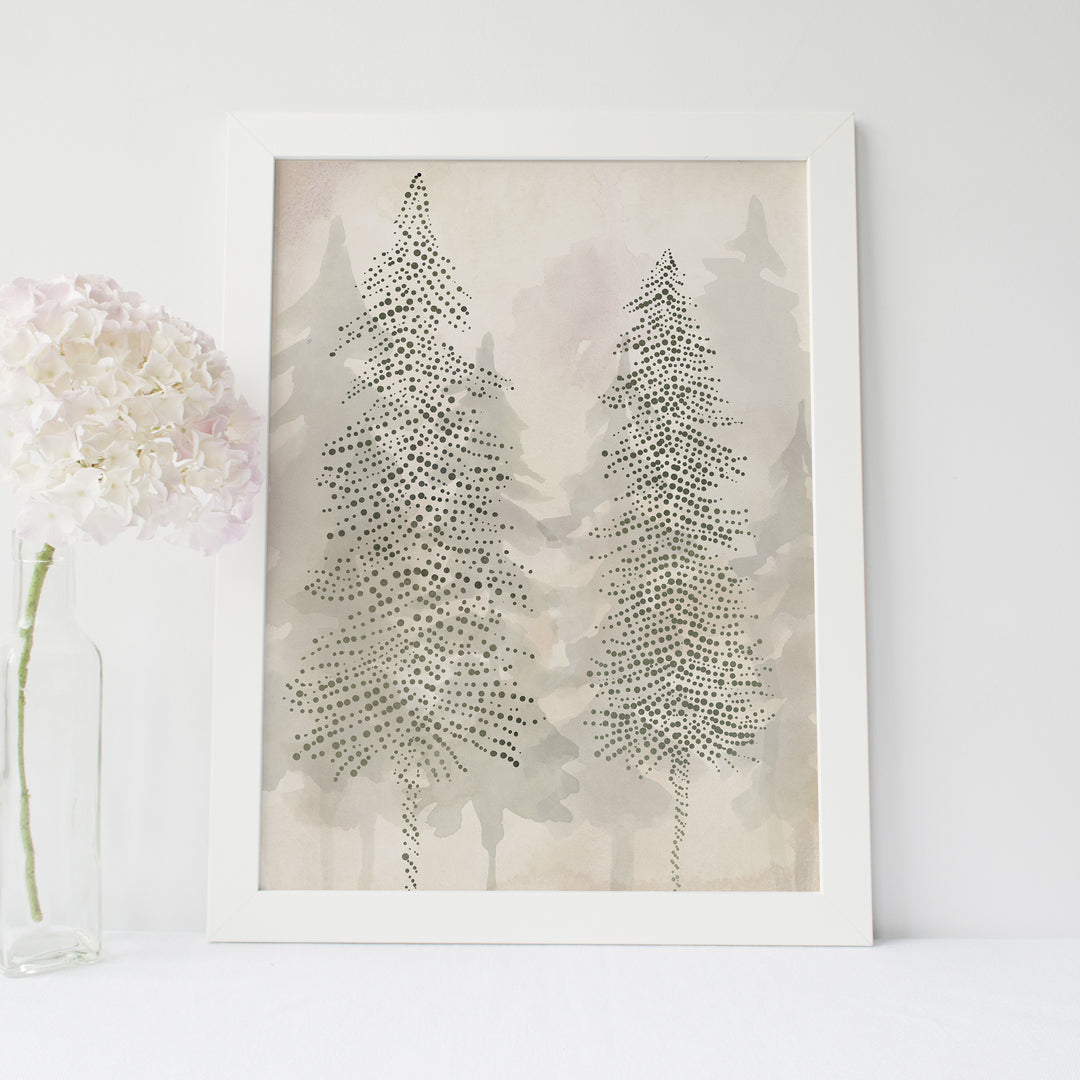 Evergreen Pine Tree Line Misty Ethereal Forest Wall Art Print or Canvas - Jetty Home